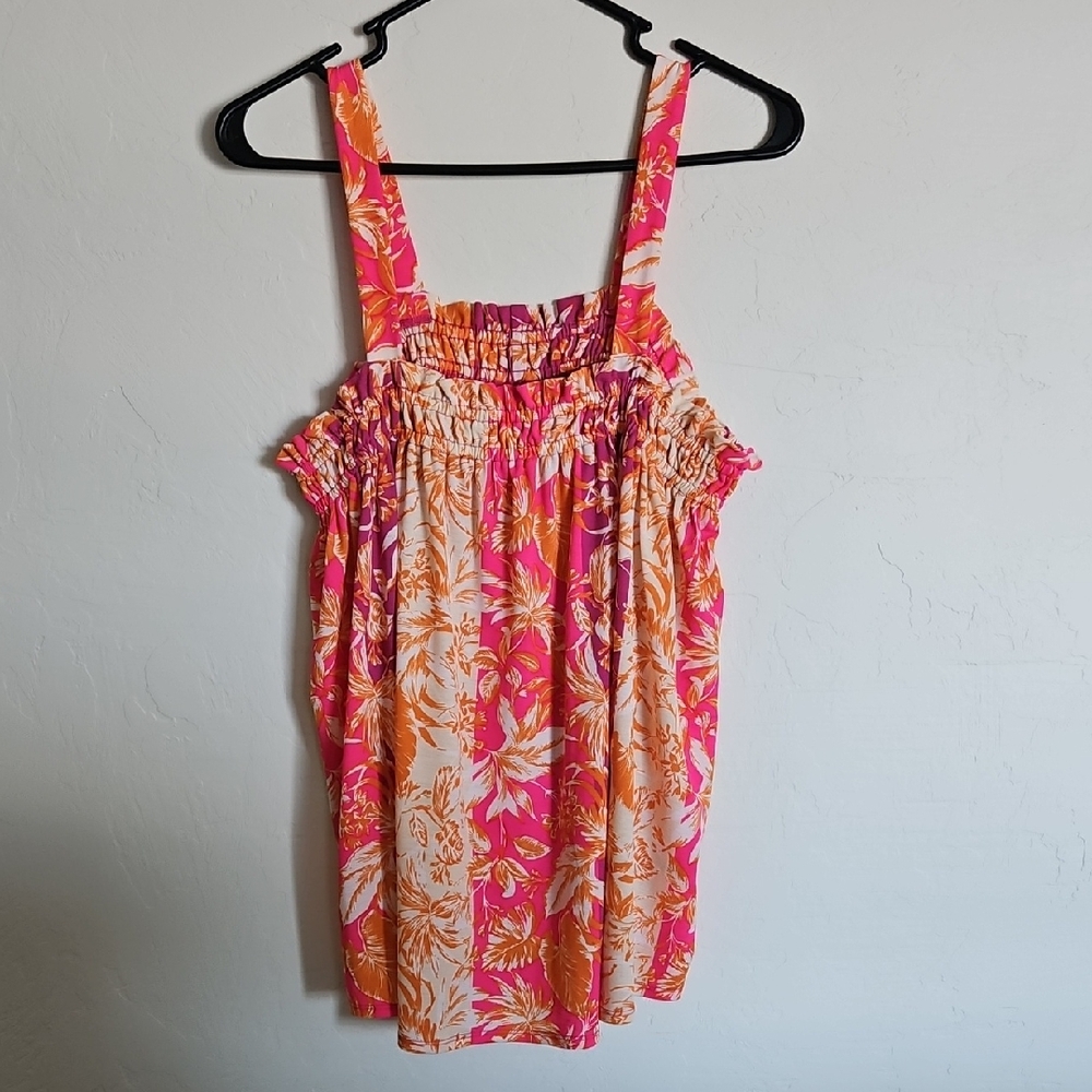 CATO Pink and Orange Floral Top L EUC